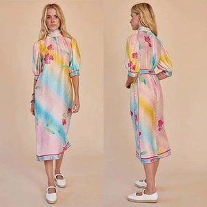 Hunter Bell Women's Mock Neck Puff Sleeve Langley Midi Dress Pink Size Small NWT